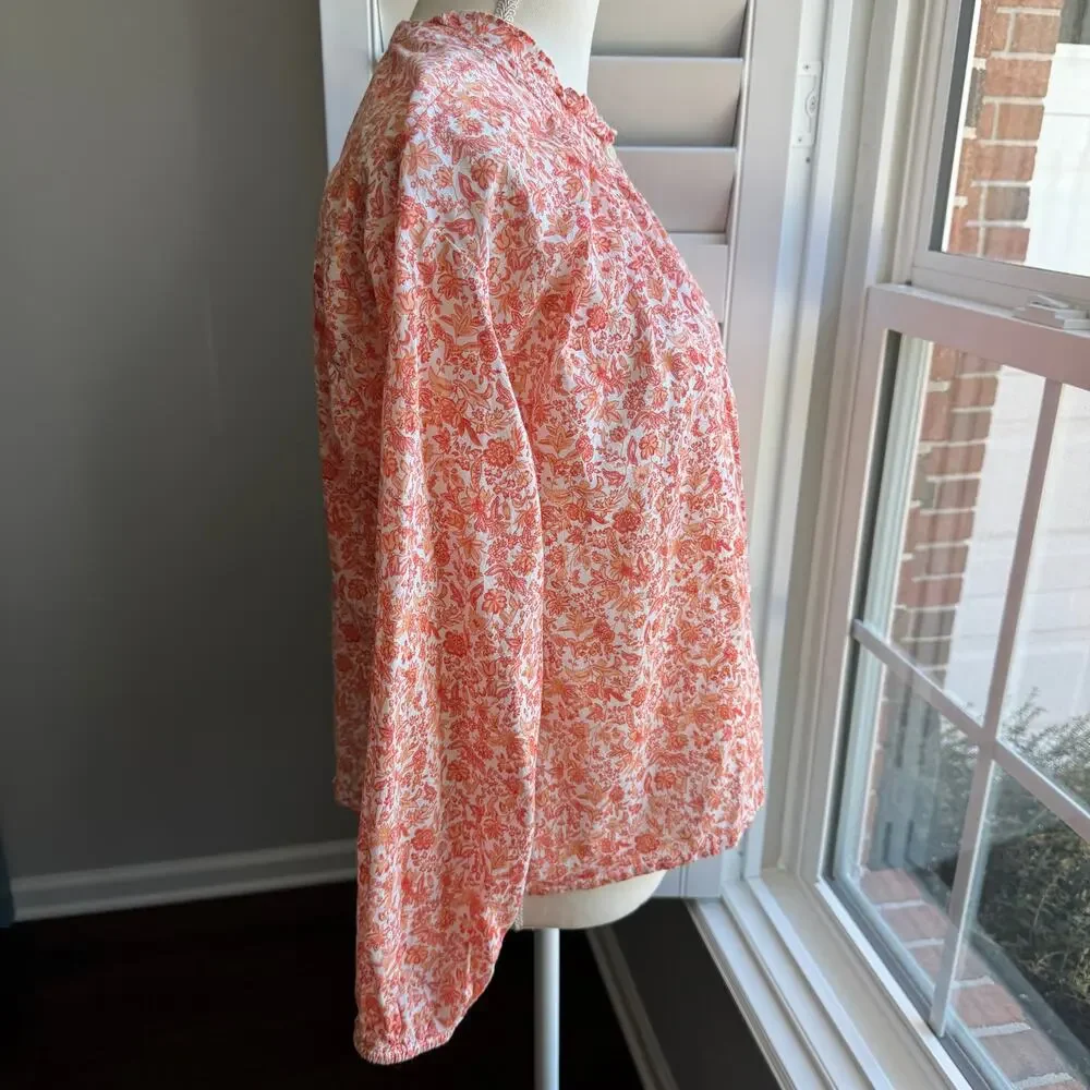 LOFT Peach Orange Floral Ruffle Neck Peasant Blouse Size Medium Petite - Picture 4 of 11